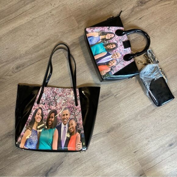 Obama Family Graphic Print Vinyl Tote, handbag and wallet set GUC